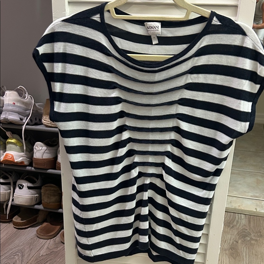 Giorgio Armani Women's Navy and White Striped Short Sleeve Top